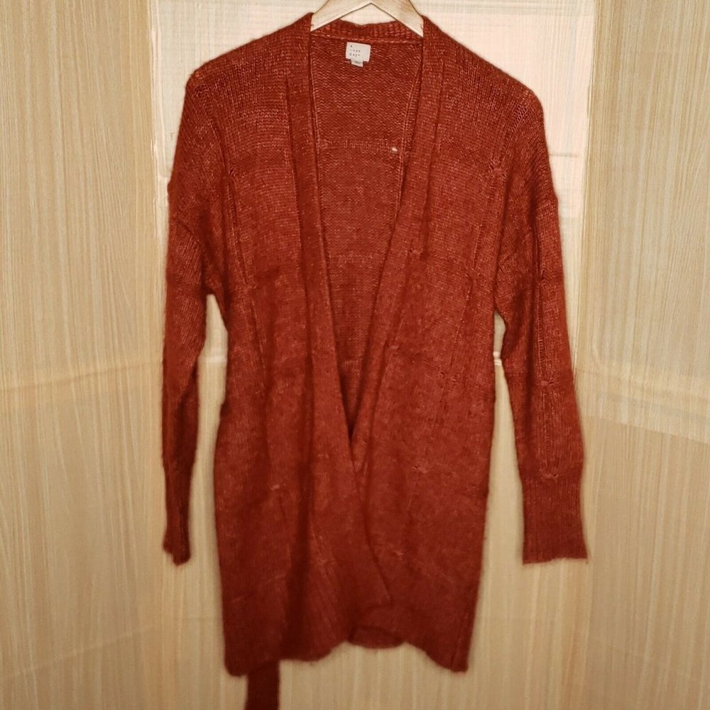 A New Day Womens Rust Orange Wool Blend Long Belted Cardigan Large